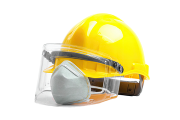 Bright yellow safety helmet with a clear face shield and a light gray N95 mask