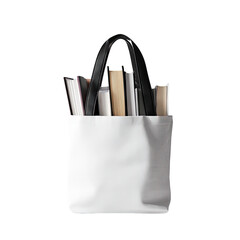 White tote bag filled with books