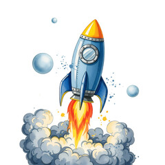 Cartoon Rocket Launching into Space with Flames and Smoke on a Transparent Background