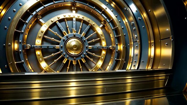 Massive golden bank vault door with intricate metallic details and secure industrial design in dramatic lighting