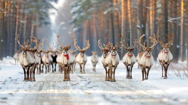 A herd of reindeer grazes and walks along a snow-covered path. A serene winter landscape with tall trees enhances the quiet beauty