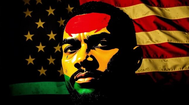 Portrait of a Young Man with Strong Expression Against Background of American Flag and Vibrant Colors, Symbolizing Cultural Identity and Heritage