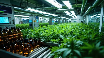Illustration of cannabis plants and amber bottles on a conveyor belt in a large indoor growing farm