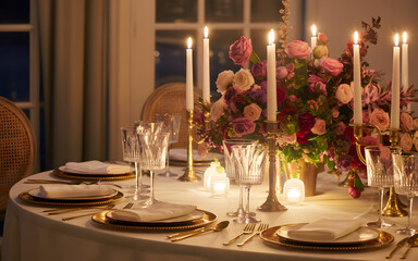 Elegant candlelit dinner table setting with crystal glassware and floral arrangements for a romantic evening