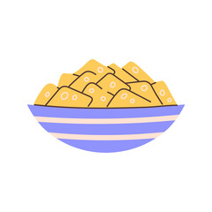 Injeolmi Korean Sweet Dish Icon. Hand drawn Asian dessert. Rice cake Pieces in bowl. Food Treat Flat vector illustration