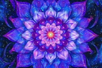 Obraz premium Intricate Floral Mandala Design with Cosmic Elements in Shades of Purple and Blue for Meditation