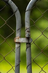 Close Up Of  Rusty Chain Link Gate And Fence With Garden Background
