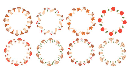 Mushroom Wreath Set. Hand drawn Fall Circle Frames Collection. Autumn Woodland decorative chaplets. Seasonal round borders with leaves, berries and grass. Flat vector illustration