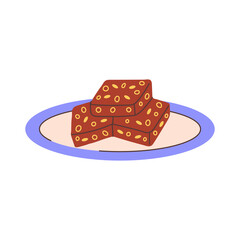 Yaksik Traditional Korean Sweet Snack. Hand drawn Asian dish flat style vector illustration. Dessert with rice nuts honey. Festive food on plate.