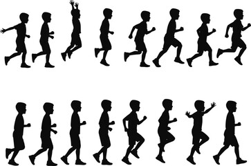 Silhouette vector of running boy in motion, child sprinting, athletic activity, fitness icon, kids sports illustration, black shape
