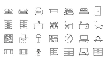 Home Furniture Icons Set | Thin Line Editable Stroke Symbol Collection for Interior Design