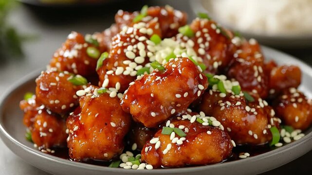 This culinary experience showcases tender, crispy bites drenched in a rich, glossy sauce, garnished with sesame seeds and vibrant green onions for added flair.