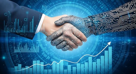 A handshake between a human and a robot, symbolizing the collaboration of technology