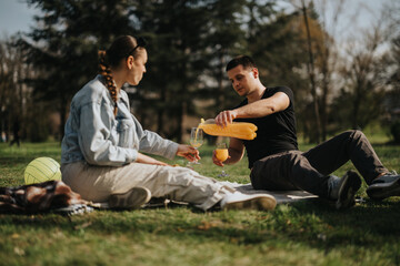 Young couple spends quality time together, sitting on a blanket in a park, enjoying a picnic...