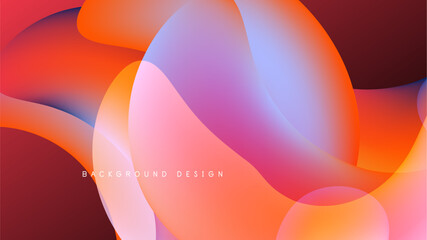 Abstract fluid shapes blend, creating vibrant gradients. Warm colors dominate, contrasted by dark background. Modern design element.