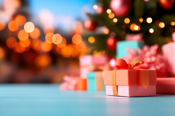 Festive photographic background with a beautifully decorated Christmas tree slightly out of focus in the background