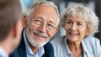 Senior Couple's Conversation: A close-up shot captures an elder couple engaged in a heartfelt conversation, the senior man's warm smile reflecting connection and a sense of genuine rapport. 