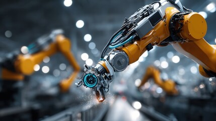 Robotic Arms in Industrial Automation: A close-up view of industrial robotic arms performing intricate tasks in a modern factory setting, showcasing technological innovation and efficiency.