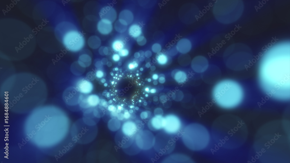 Poster bright abstract tunnel of glowing blue lights with bokeh particles and infinite depth