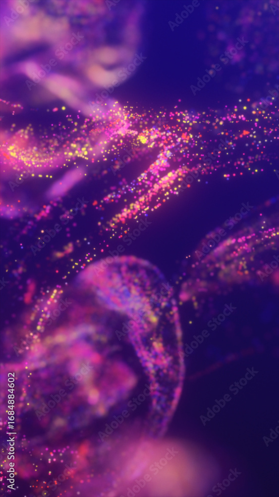 Poster abstract colorful particles swirling in deep purple space, forming glowing flowing trails and soft j