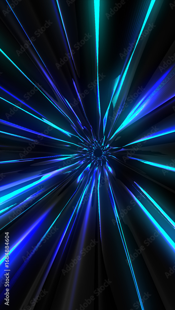 Poster abstract blue and cyan light streaks radiating from a dark center, creating a high-speed tunnel effe