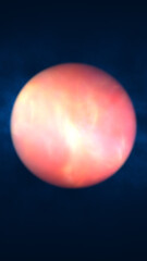 A glowing pink-orange planet floats in deep blue space, emitting a soft atmospheric light with smooth gradients