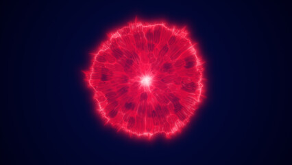 Glowing red plasma sphere with swirling patterns of energy, emitting light on a dark cosmic background