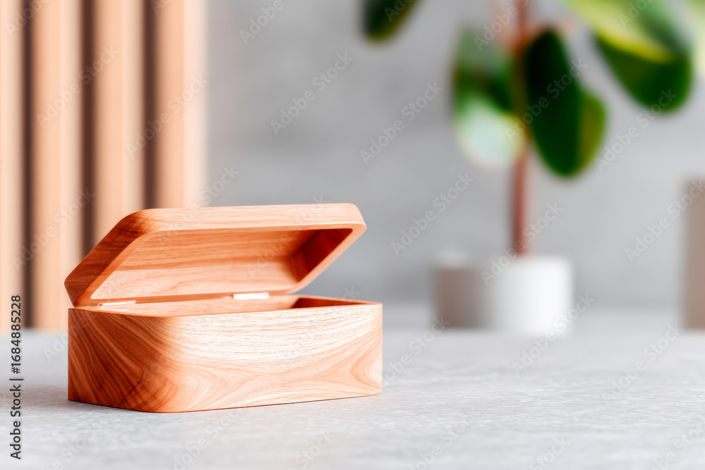 Poster minimalist and elegant image of a halfopened light brown wooden box with a sliding drawer on a clean
