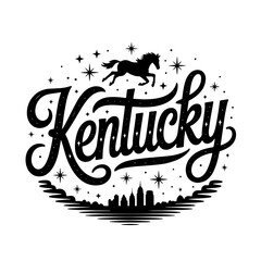 Black silhouette design featuring the word Kentucky with a galloping horse and stars in the background
