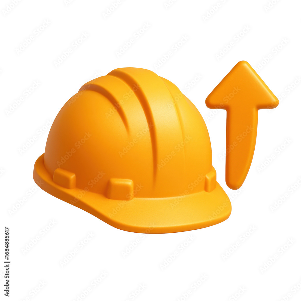 Poster performance in creation labor concept. construction helmet with an upward arrow.