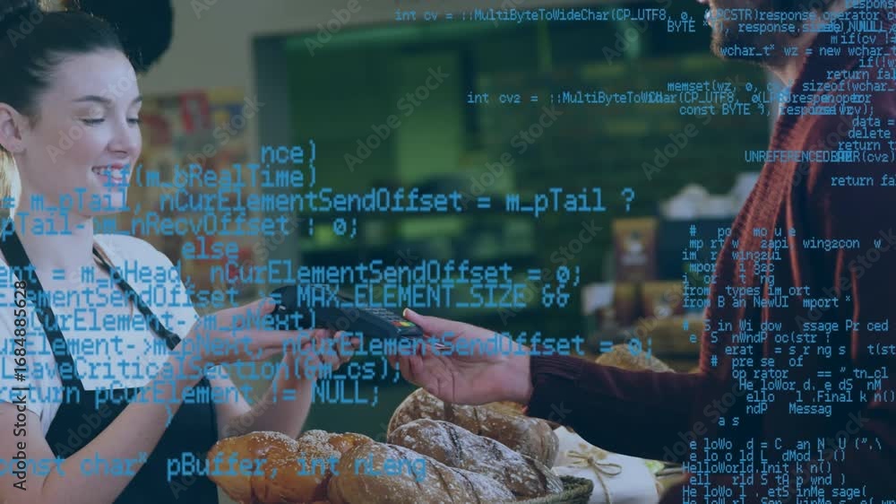 Poster animation of data processing over caucasian man paying with credit card