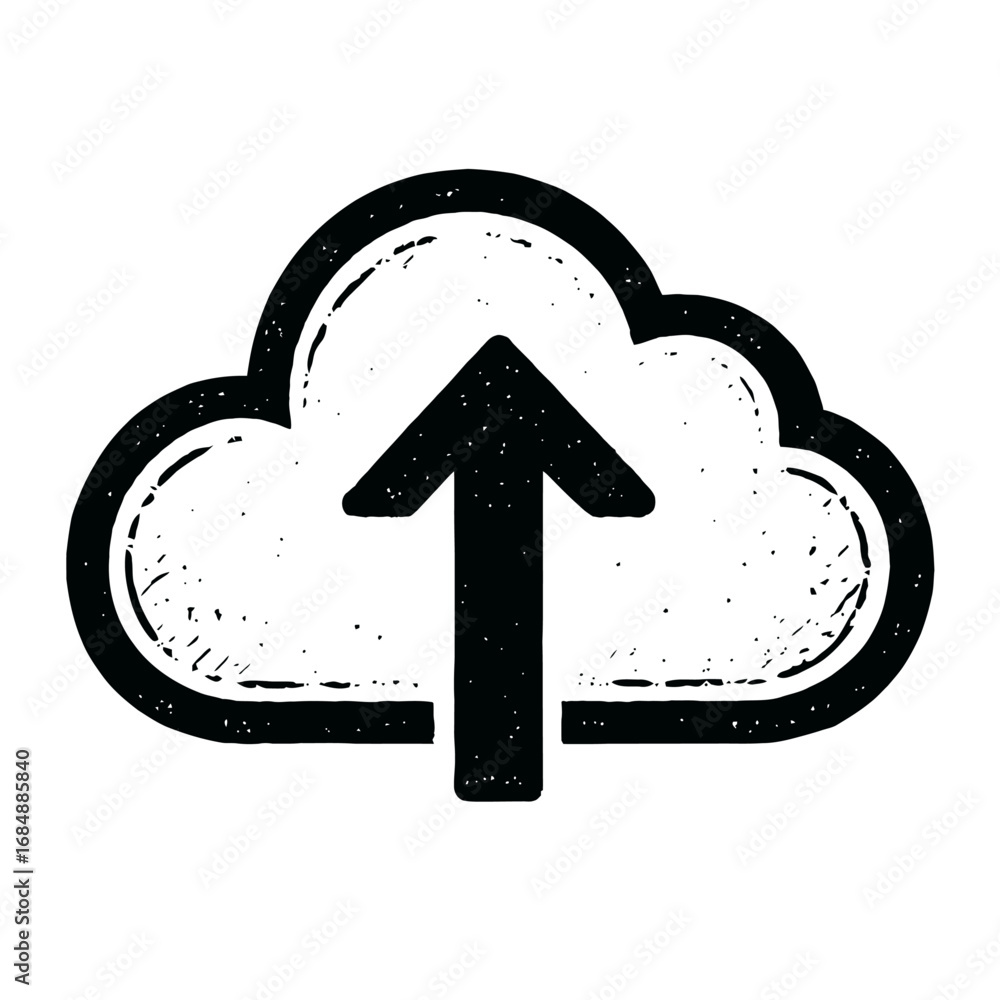 Poster hand-drawn cloud upload icon vector illustration with grainy texture for data transfer, cloud storag
