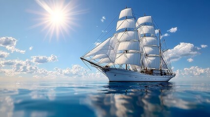 Tall Ship Sailing Adventure Majestic Vessel Racing Across the Calm Ocean Under Bright Blue Skies