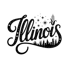 Creative design featuring Illinois typography with skyline and corn motif celebrating the state’s identity and culture