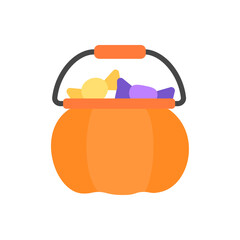 Flat basket filled with colorful candies in playful style. Ideal for trick-or-treat icons, Halloween party themes, candy shop visuals, and festive graphics.