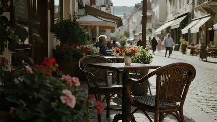 Fototapeta premium An open - air cafe under the sun, with tables, chairs, flowers and the street complementing each other, is filled with a leisurely atmosphere. 
