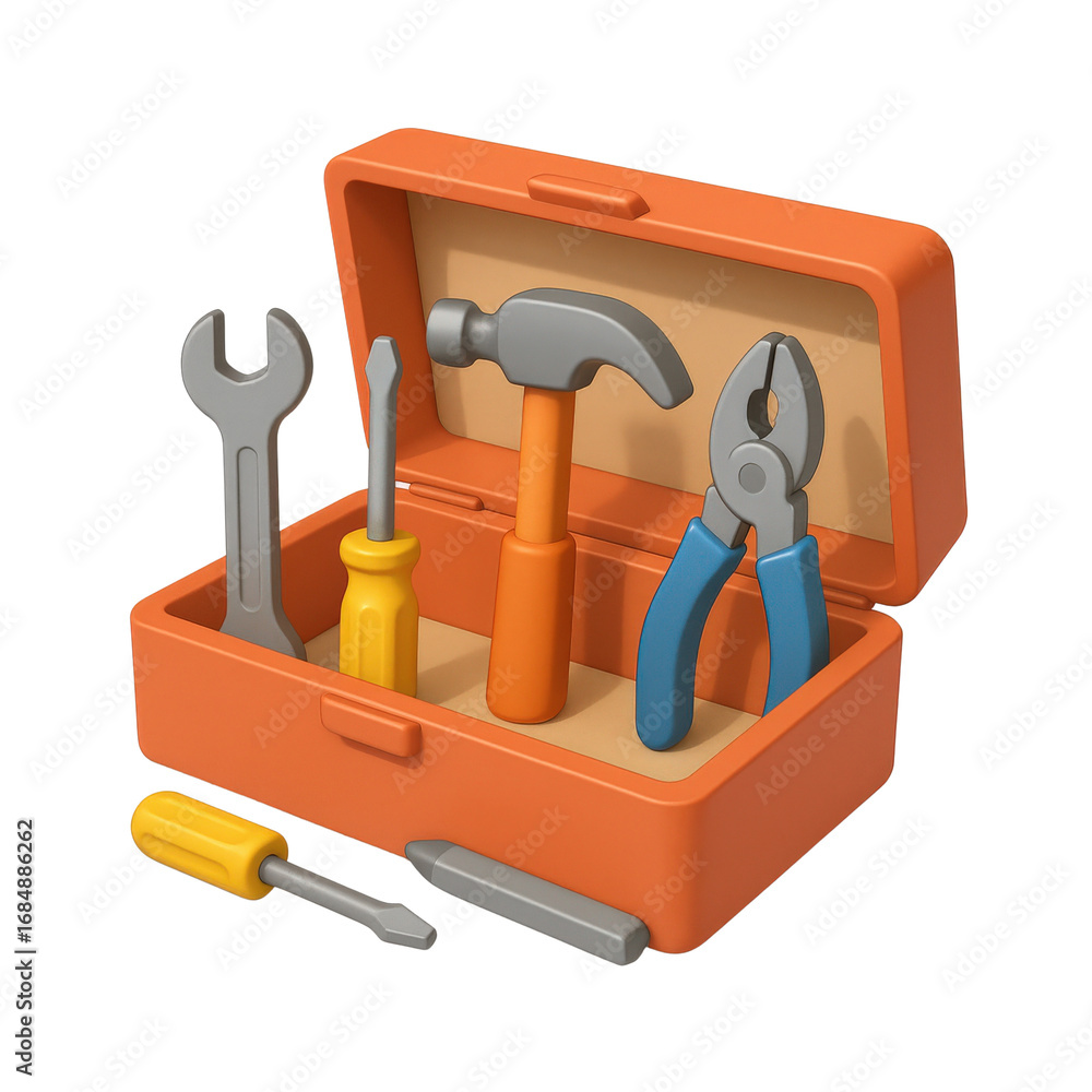 Poster performance in creation labor concept. toolbox with various tools inside.