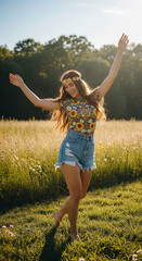 Jeune femme heureuse dans un champ au coucher du soleil dans les années 70