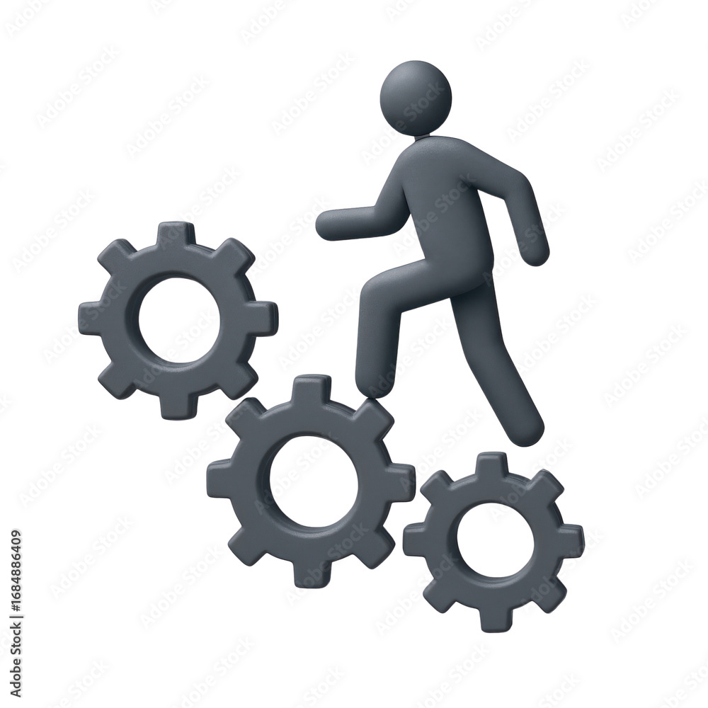 Poster performance in creation labor concept. A figure stepping over gears.