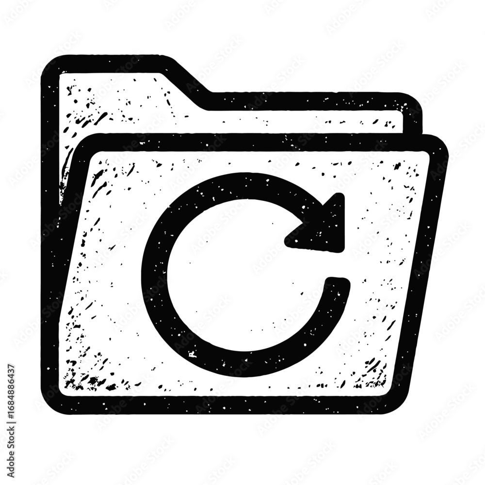 Poster hand-drawn folder refresh icon - distressed black and white vector for synchronization and update co