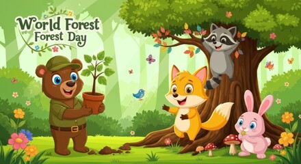 Joyful Woodland Animals Celebrate Forest Day with Vibrant Nature