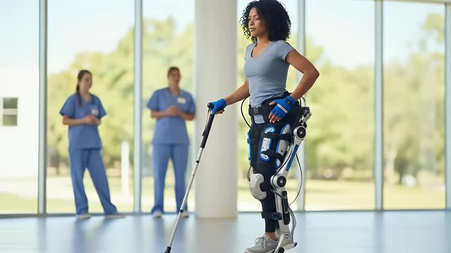 Woman using advanced robotic leg brace walks confidently with cane, showcasing technological advancements in mobility assistance.