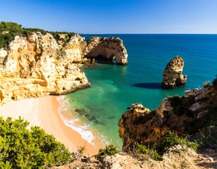 Coastal beach scene with dramatic cliffs