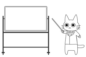 スーツを着た猫がホワイトボードで説明する教育・プレゼンテーション用ベクターイラスト｜猫,教師,スーツ,ホワイトボード,教育,プレゼン,説明,授業