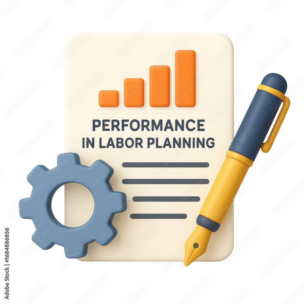 Poster performance in creation labor concept. performance report with graph, gear, and pen.