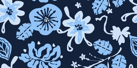 Tropical blue floral seamless pattern bold exotic leaf and blossom design summer decorative botanical background.