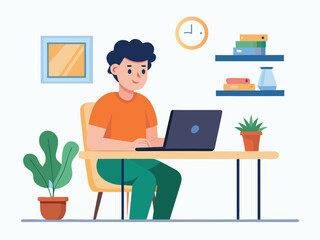 Young freelancer typing on laptop at desk in cozy home office workspace