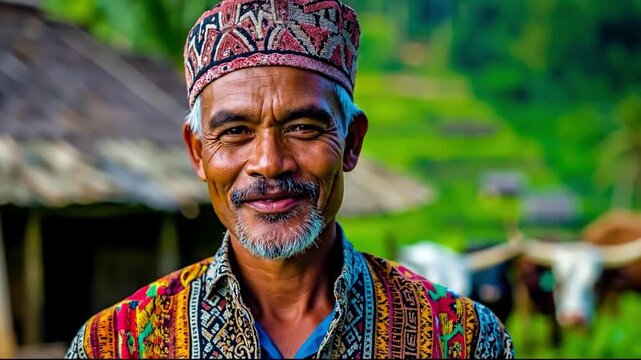 A man in a colorful traditional outfit smiles at the camera with two cows in the background