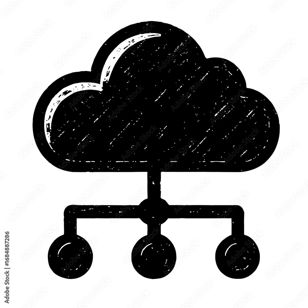 Poster grunge cloud network icon - hand-drawn black and white vector for cloud computing and connectivity