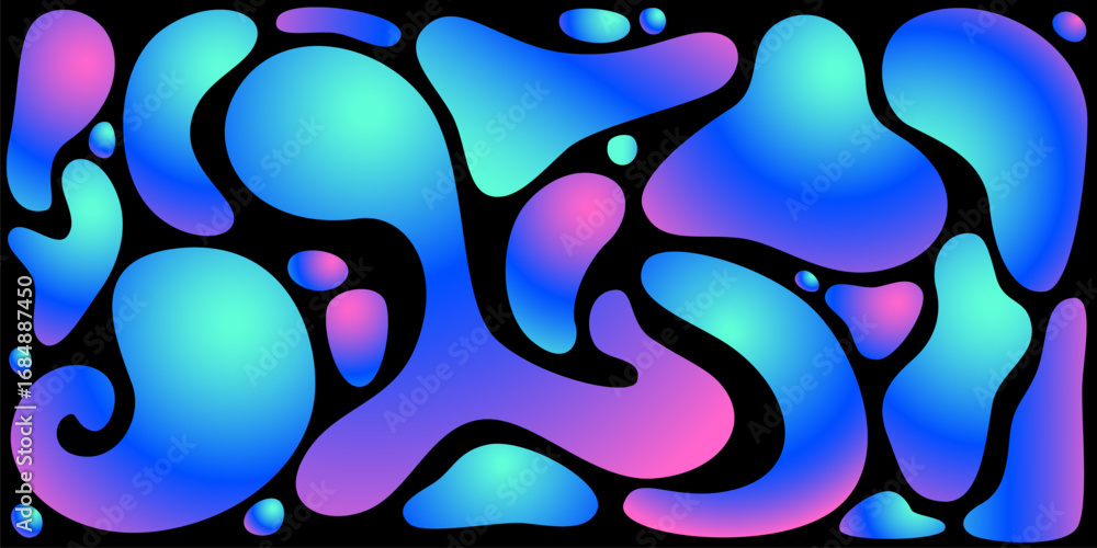 Poster liquid funky shape pattern with holographic gradient blobs, flowing forms and organic curves for mod